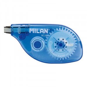 Milan Cinta Correctora 5mm x 8m - Correcion en Seco - Apta para Zurdos Gracias a la Rotacion de 180º de su Punta - Para todo Tipo de Papel - Cuerpo Azul Tranparente
