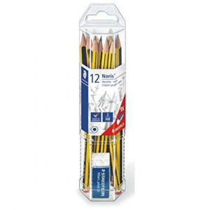 Staedtler Noris 120 Pack de 12 Lapices de Grafito Hexagonales + Goma de Borrar - Mina HB Ultrarresistente de 2mm - Madera de Bosques Sostenibles