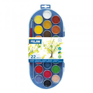 Milan 80022 Estuche de 22 Acuarelas Ø30 mm + Pincel Serie 101 - Colores Surtidos