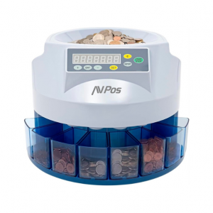 AVPos Contador/Clasificador de Monedas CCM6 - Monedas Desde 1 Centimo Hasta 2 Euros - Color Blanco/Azul