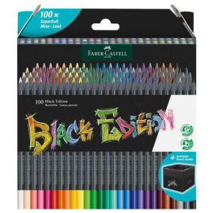 Faber-Castell Black Edition Pack de 100 Lapices de Colores - Mina Supersuave - Madera Negra - Ideales para Dibujo sobre Papel Claro, Oscuro y de Colores