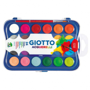 Giotto Estuche de 24 Acuarelas de 30mm + Pincel - Colores Brillantes, Intensos y Vivos - Muy Cubrientes