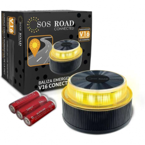 SOS Road Baliza de señalizacion de emergencia en carretera V16, homologada por la DGT, con GPS y SIM integrada, conectividad DGT 3.0, visibilidad 1 km, base magnetica, proteccion IP54