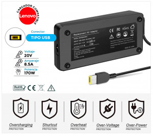 CARGADOR LENOVO COMPATIBLE | 20V / 8.5A |  SQUARE USB | 170W