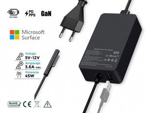CARGADOR MICROSOFT SURFACE 45W GAN 12V ? 3.6A + PUERTO USB 5V ? 1.0A ? INCLUYE CABLE DE CORRIENTE