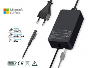 CARGADOR COMPATIBLE MICROSOFT SURFACE PRO 4/5 SERIES 15V / 4.0A 65W PUERTO USB DE CARGA ( INCLUYE CABLE DE CORRIENTE )